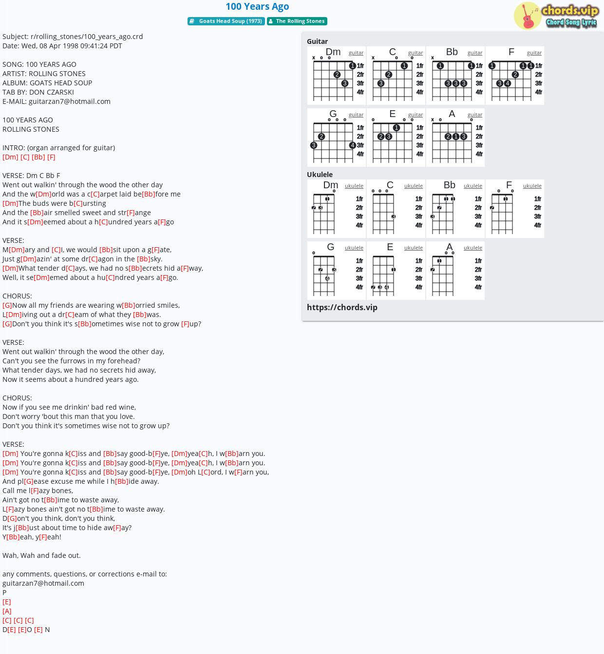 Chord 100 Years Ago The Rolling Stones Tab Song Lyric Sheet Guitar Ukulele Chords Vip