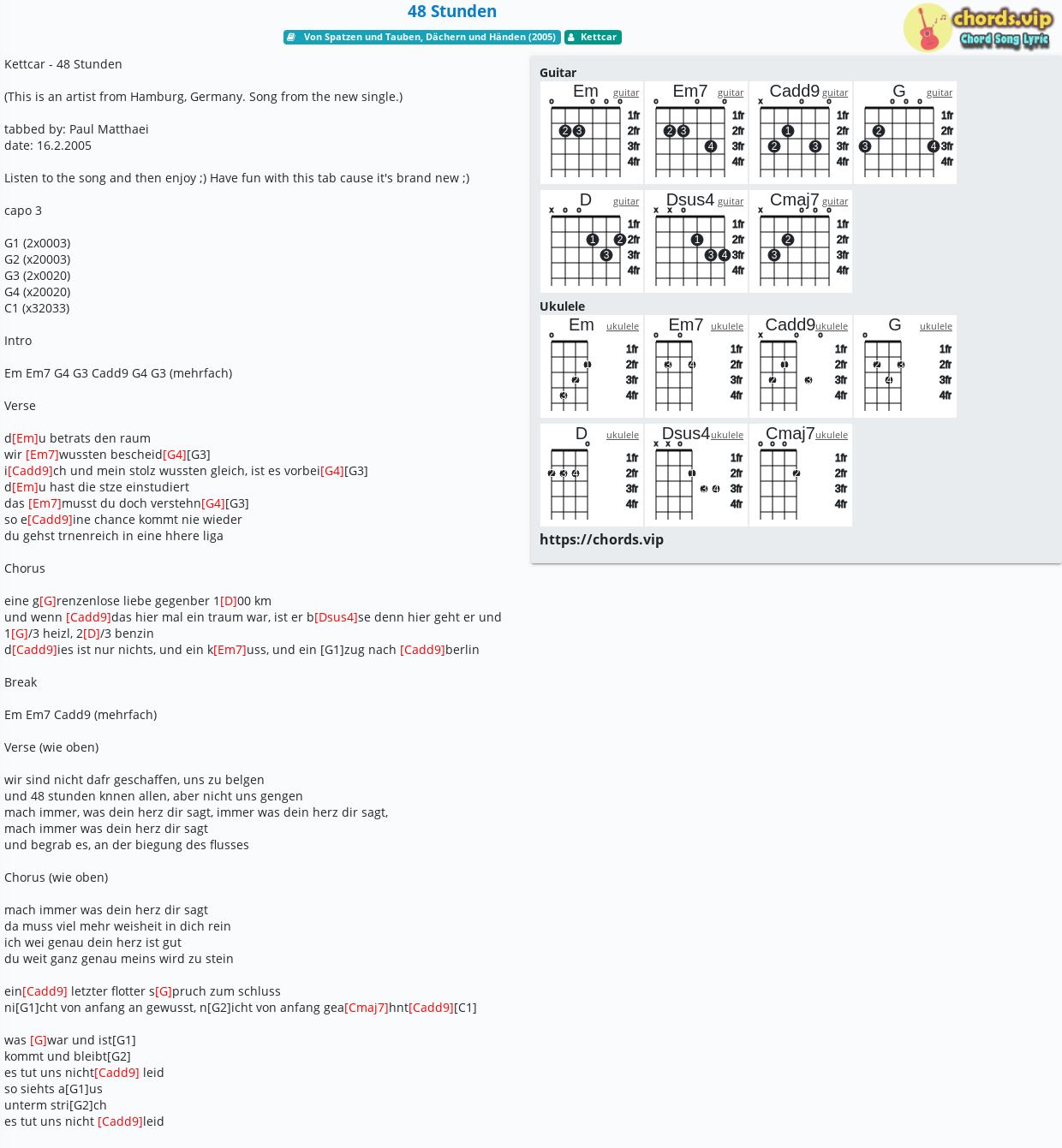 Chord: 48 Stunden - Kettcar - tab, song lyric, sheet, guitar 