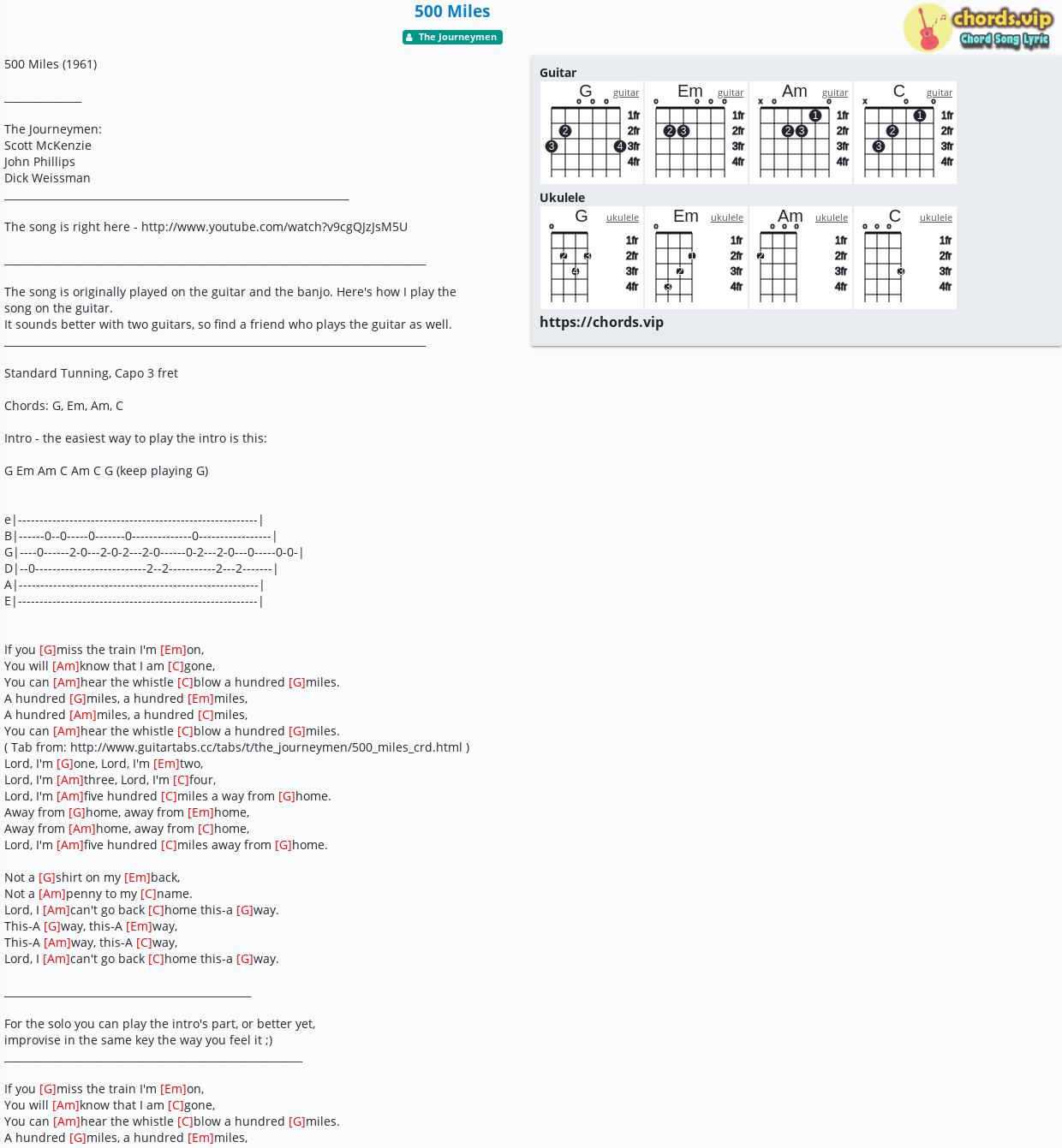 Chord: 500 Miles - tab, song lyric, sheet, guitar, ukulele | chords.vip