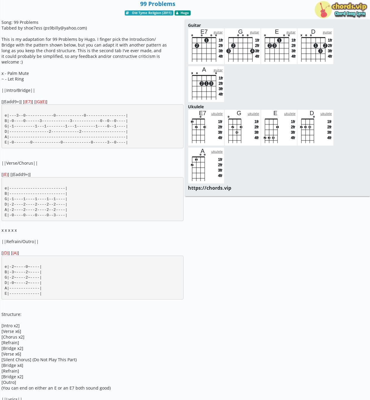Chord 99 Problems Hugo Tab Song Lyric Sheet Guitar Ukulele Chords Vip