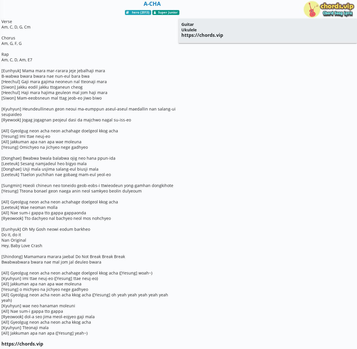 Chord: A-CHA - Super Junior - tab, song lyric, sheet, guitar, ukulele |  chords.vip