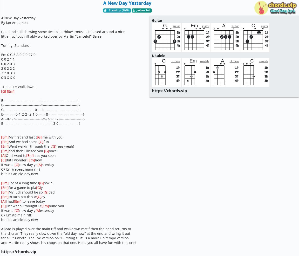 Chord A New Day Yesterday Jethro Tull Tab Song Lyric Sheet Guitar Ukulele Chords Vip