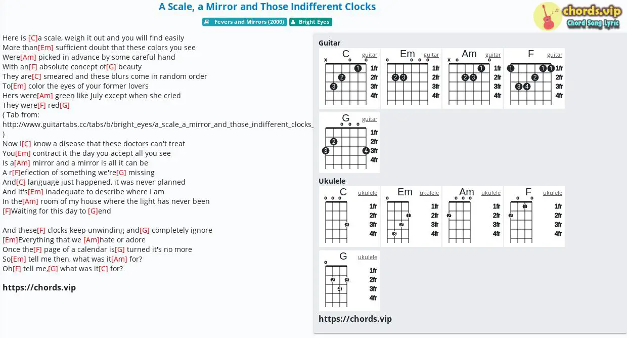 Chord A Scale, a Mirror and Those Indifferent Clocks tab, song lyric