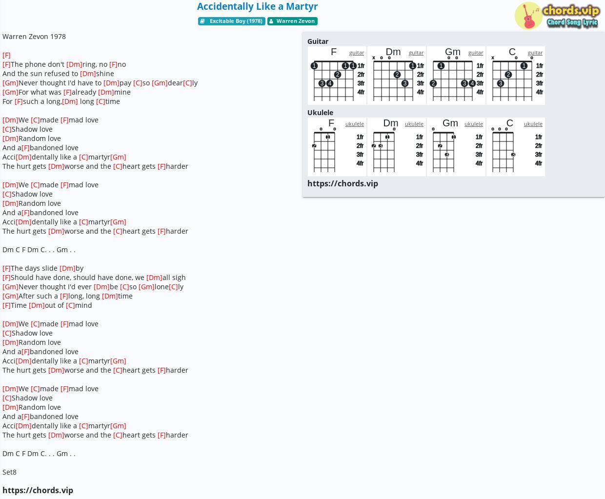 Chord Accidentally Like A Martyr Warren Zevon Tab Song Lyric Sheet Guitar Ukulele Chords Vip