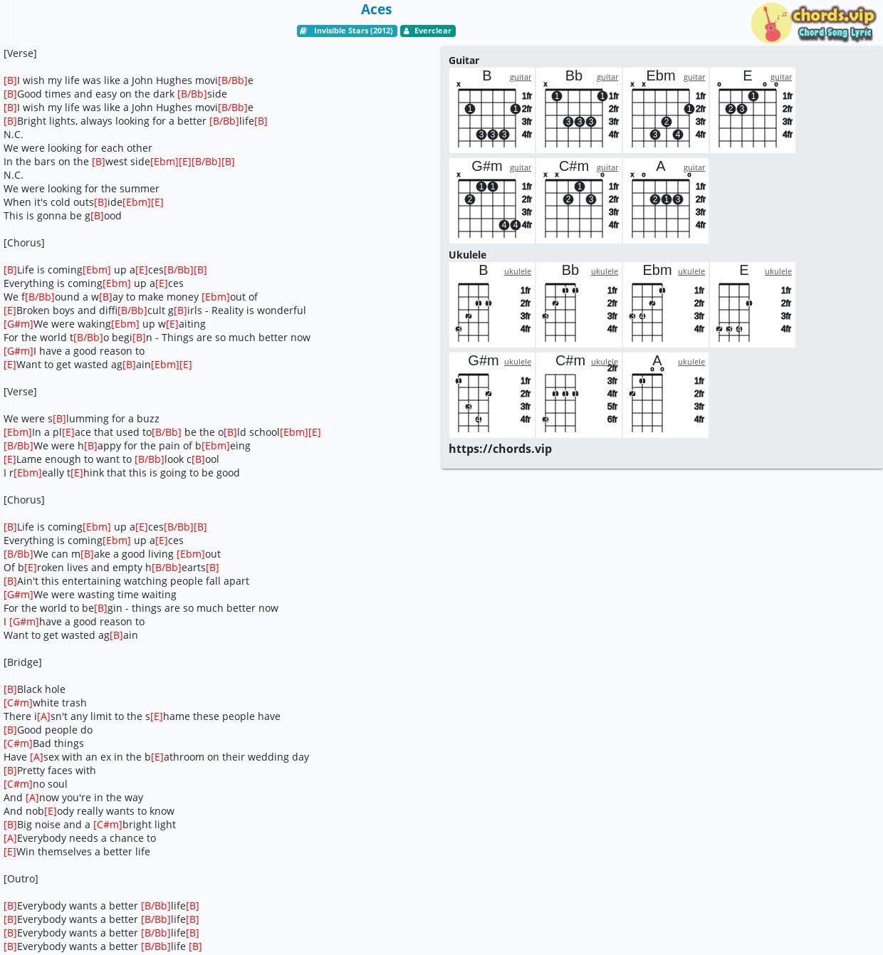 Chord Aces Everclear Tab Song Lyric Sheet Guitar Ukulele Chords Vip