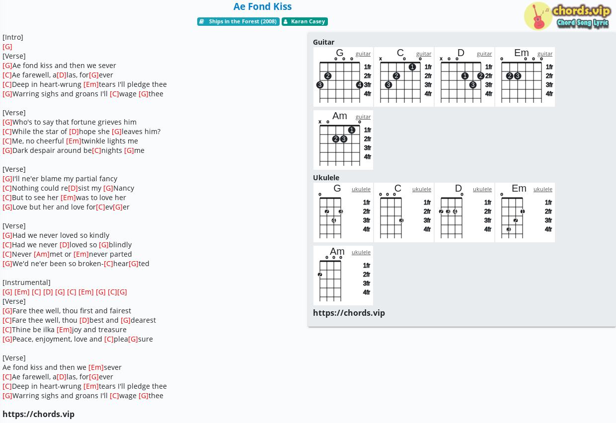Chord Ae Fond Kiss Karan Casey Tab Song Lyric Sheet Guitar Ukulele Chords Vip