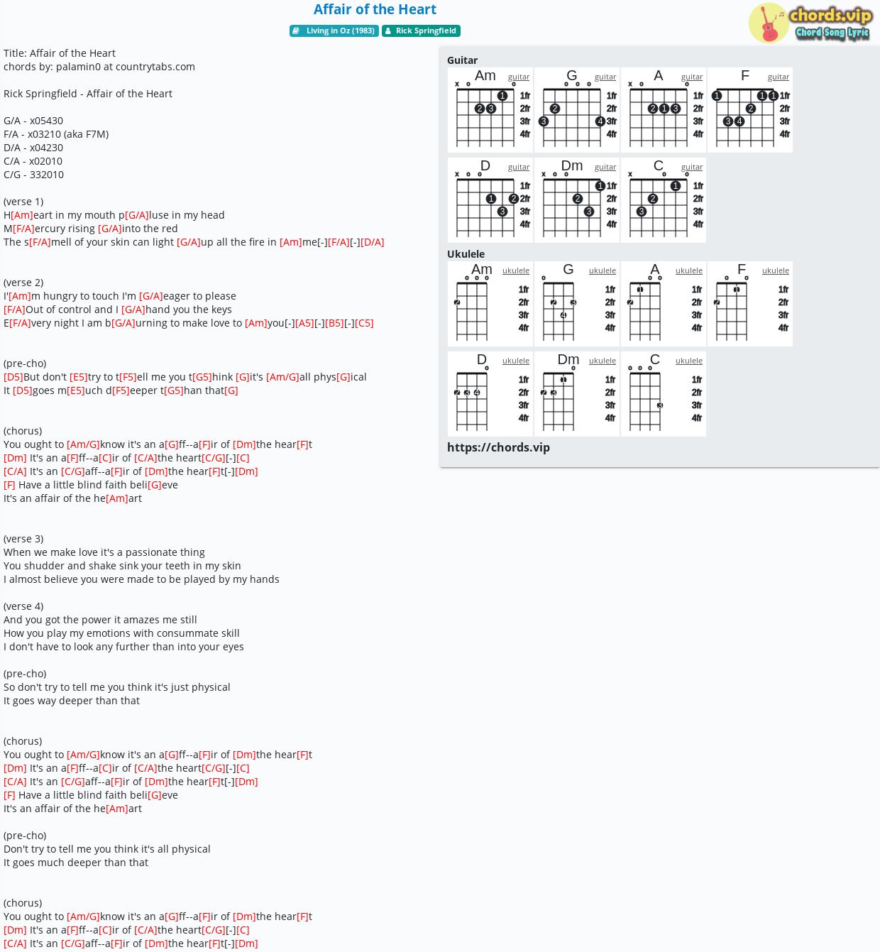 Chord Affair Of The Heart Rick Springfield Tab Song Lyric Sheet Guitar Ukulele Chords Vip
