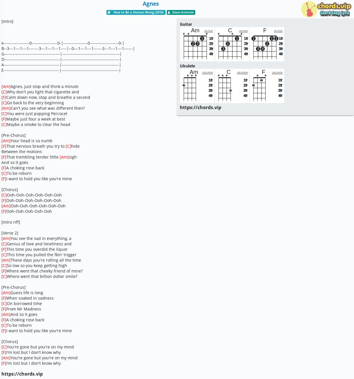 Chord: Agnes - tab, song lyric, sheet, guitar, ukulele | chords.vip