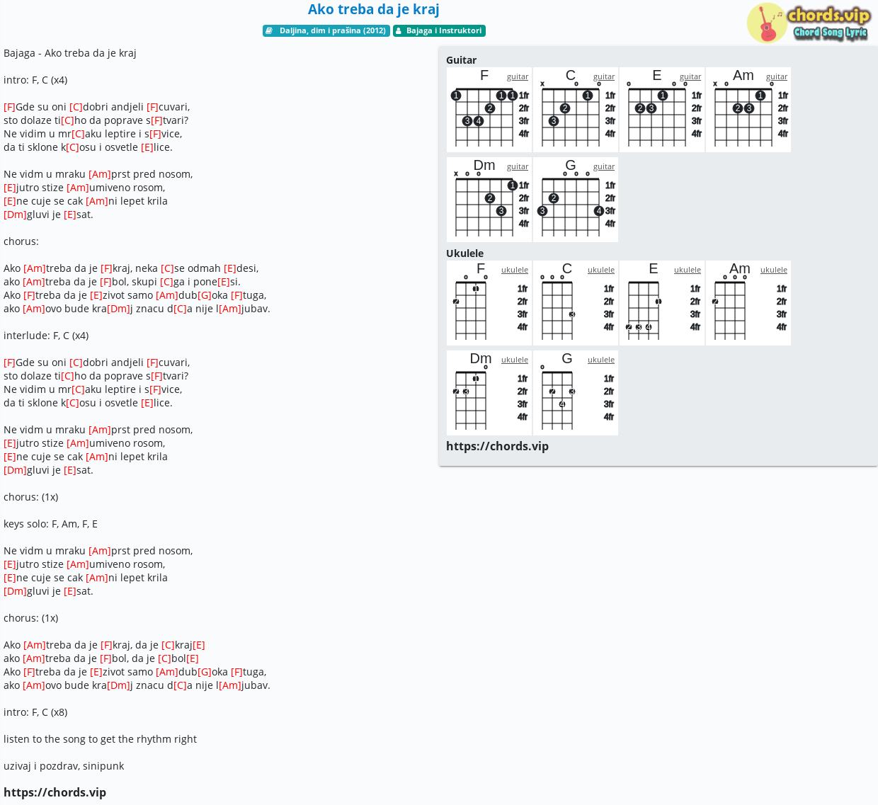 Chord Ako Treba Da Je Kraj Bajaga I Instruktori Tab Song Lyric Sheet Guitar Ukulele Chords Vip