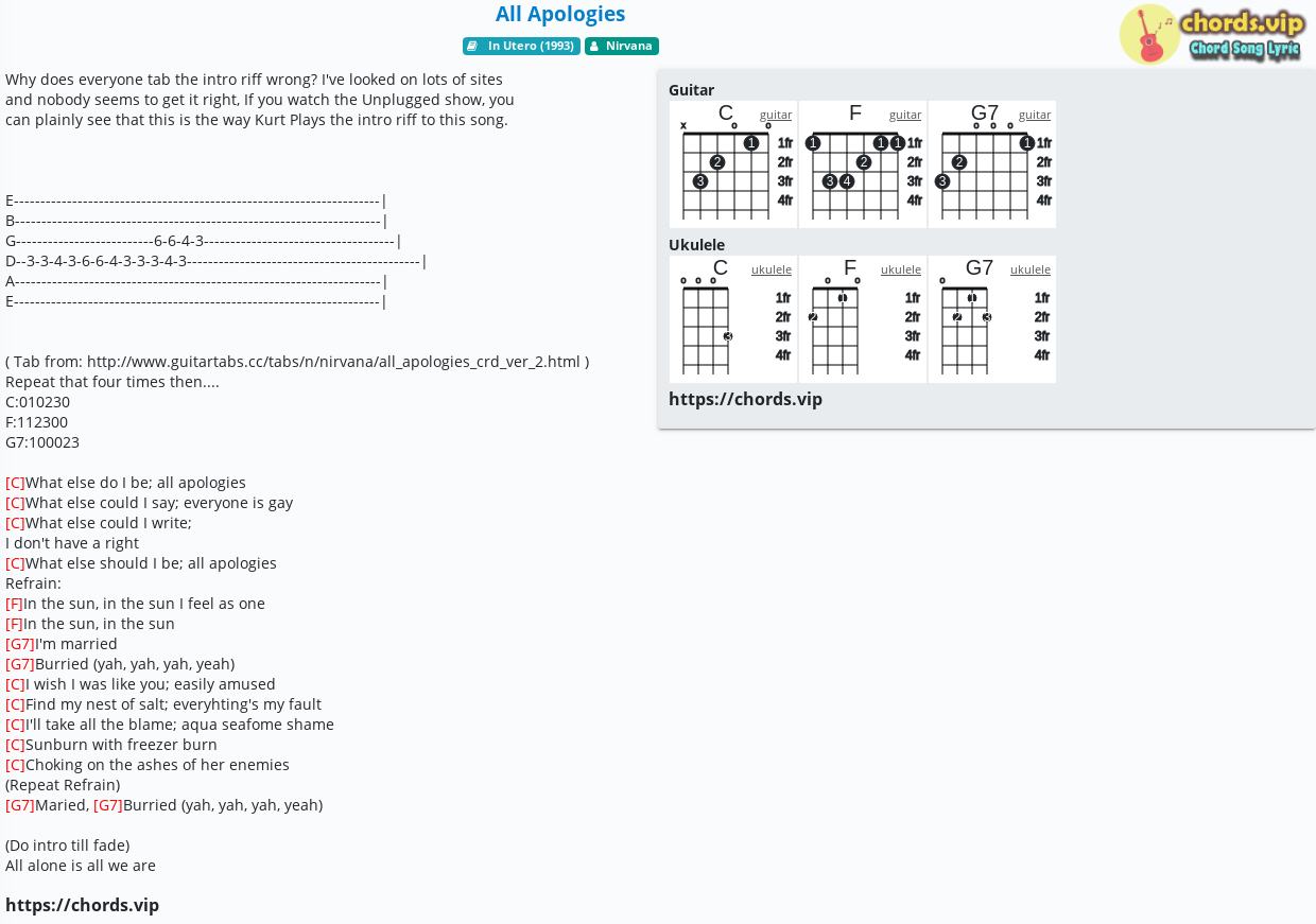 Chord All Apologies Nirvana Tab Song Lyric Sheet Guitar Ukulele Chords Vip