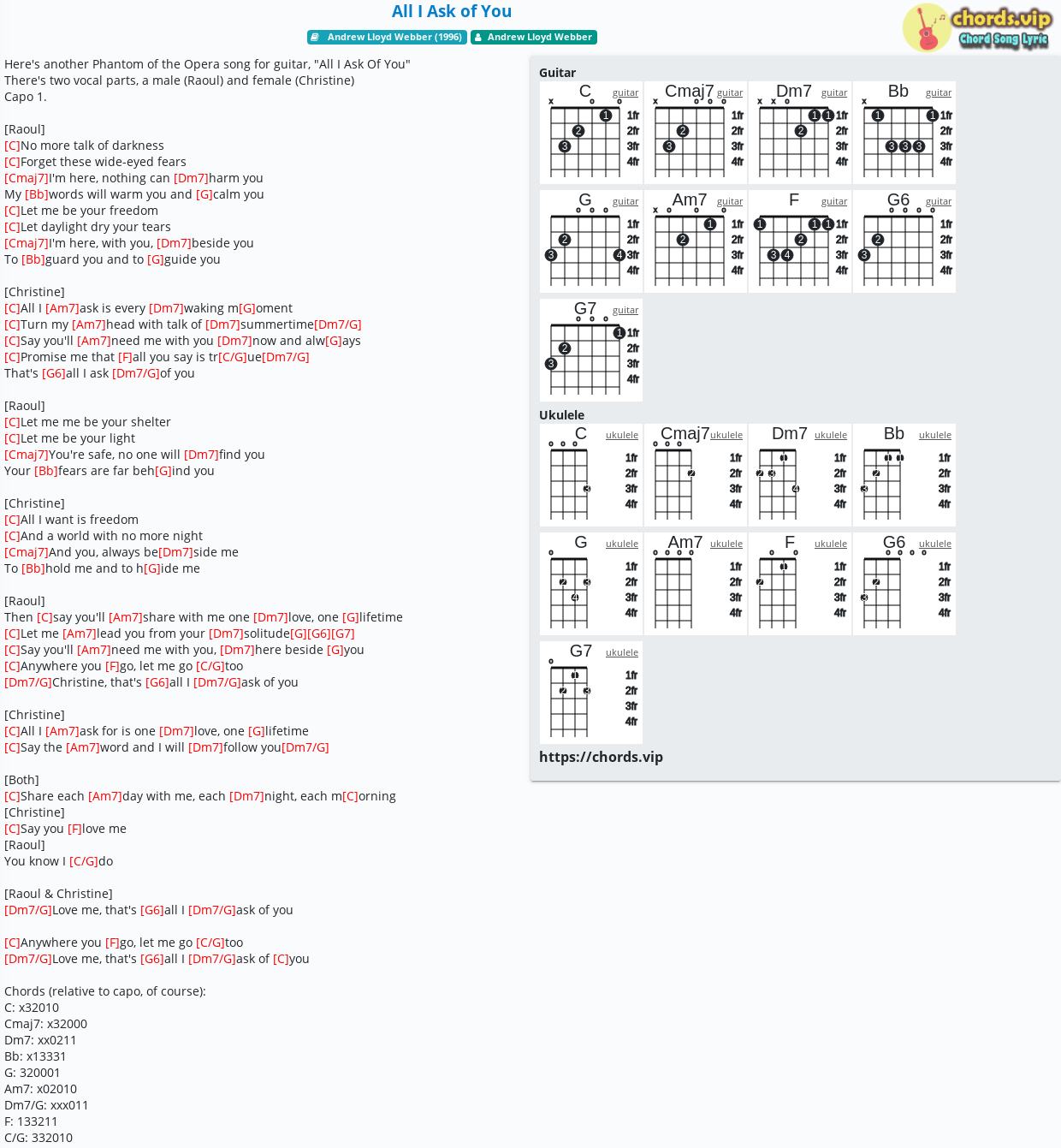 Chord All I Ask Of You Andrew Lloyd Webber Tab Song Lyric Sheet Guitar Ukulele Chords Vip