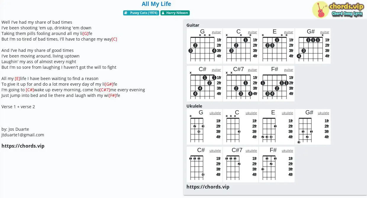 Chord All My Life Harry Nilsson Tab Song Lyric Sheet Guitar Ukulele Chords Vip