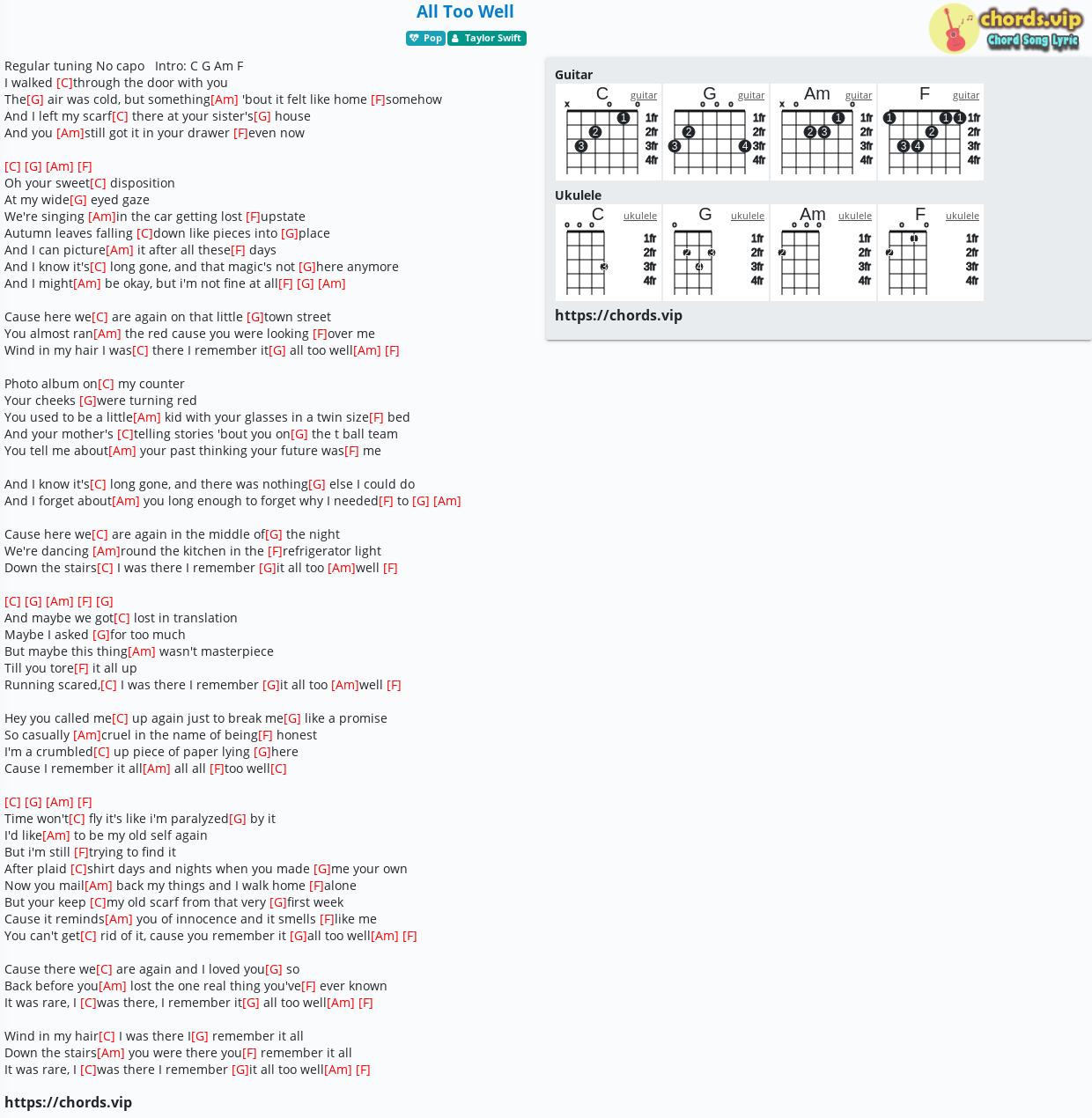 Chord: All Too Well - Taylor Swift - tab, song lyric, sheet, guitar