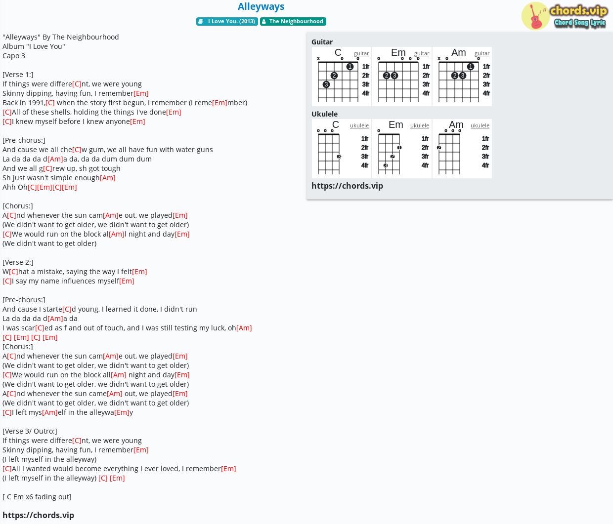 Chord Alleyways The Neighbourhood Tab Song Lyric Sheet Guitar Ukulele Chords Vip