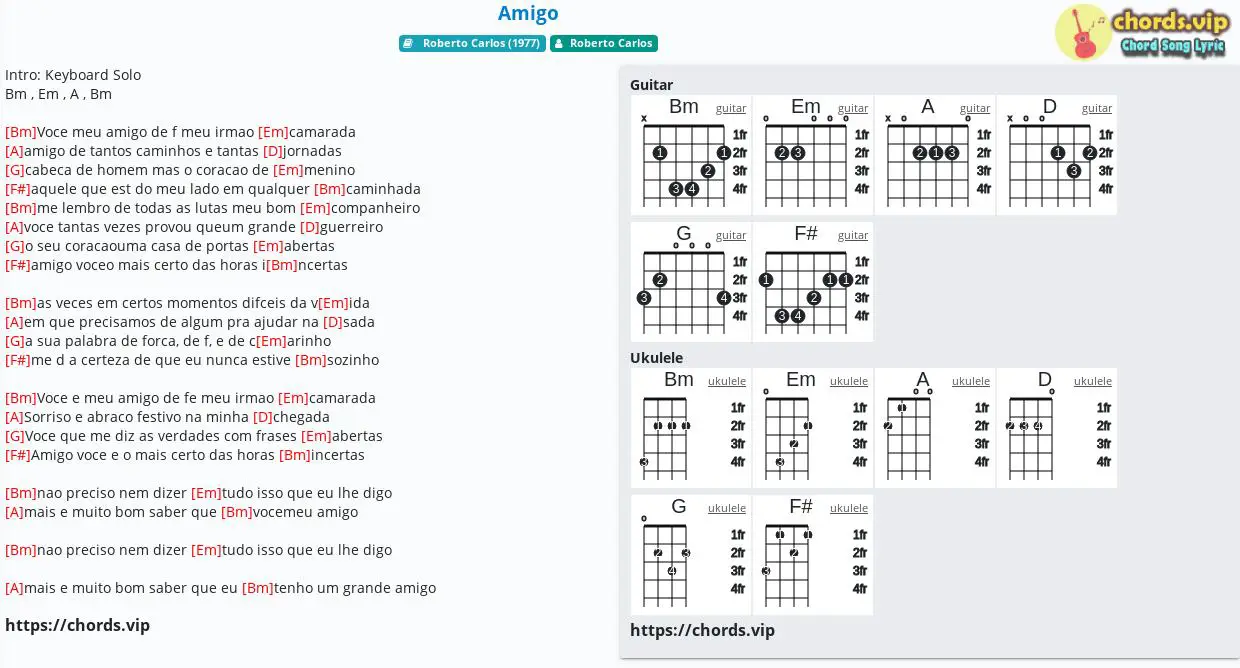 Integrar Moderar Apoyarse Chord: Amigo - Roberto Carlos - tab, song lyric, sheet, guitar, ukulele |  chords.vip