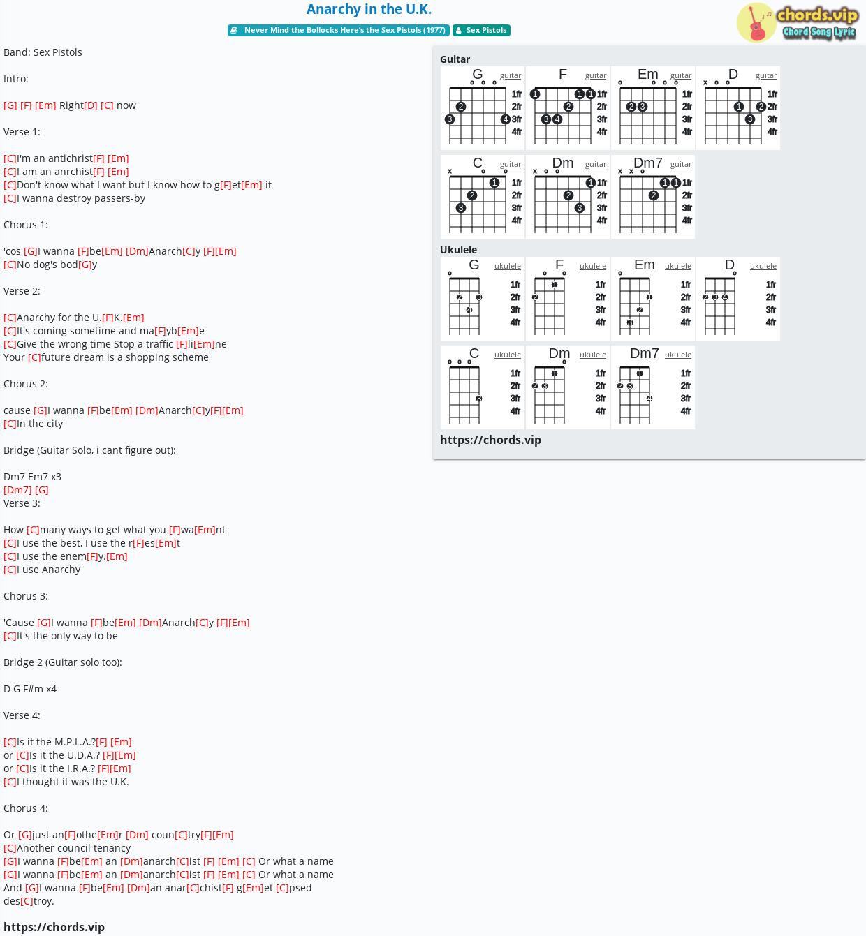 Chord Anarchy In The U K Sex Pistols Tab Song Lyric Sheet Guitar Ukulele Chords Vip