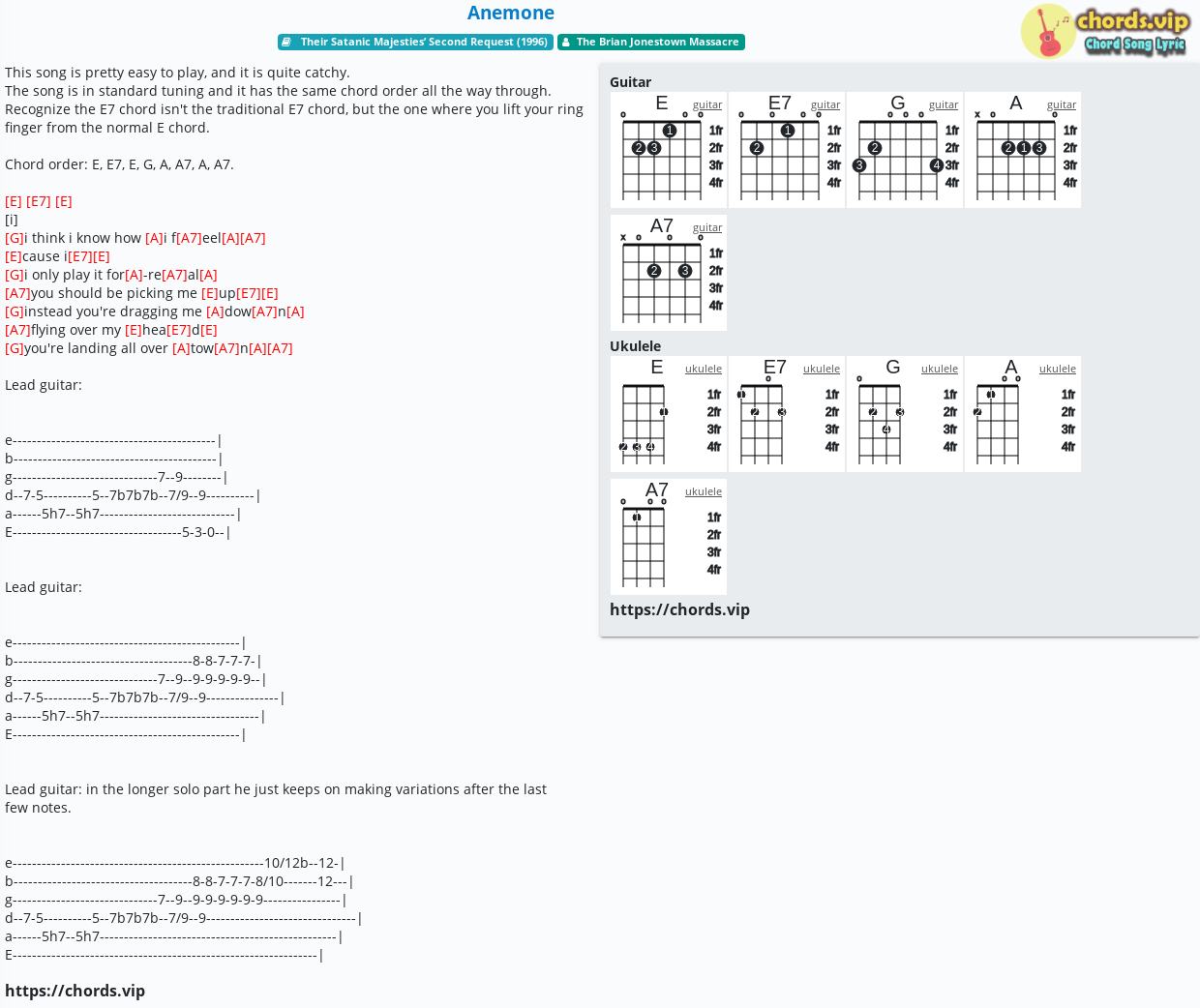 Chord Anemone The Brian Jonestown Massacre Tab Song Lyric Sheet Guitar Ukulele Chords Vip