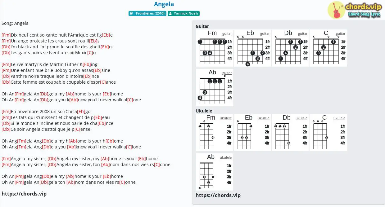 Chord Angela Yannick Noah Tab Song Lyric Sheet Guitar Ukulele Chords Vip