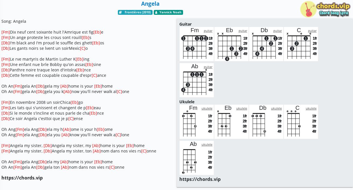 Chord Angela Yannick Noah Tab Song Lyric Sheet Guitar Ukulele Chords Vip