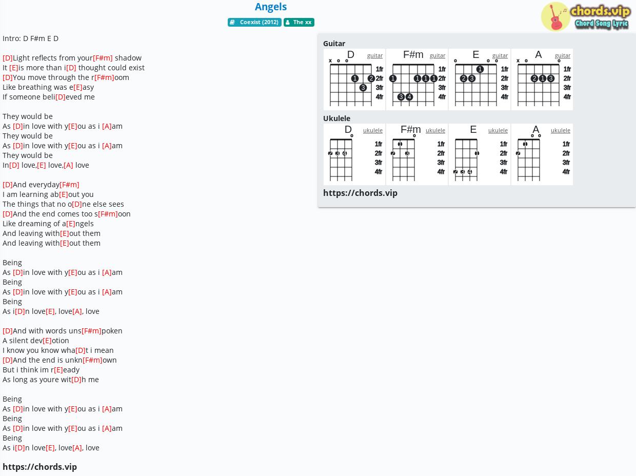 Chord Angels The Xx Tab Song Lyric Sheet Guitar Ukulele Chords Vip