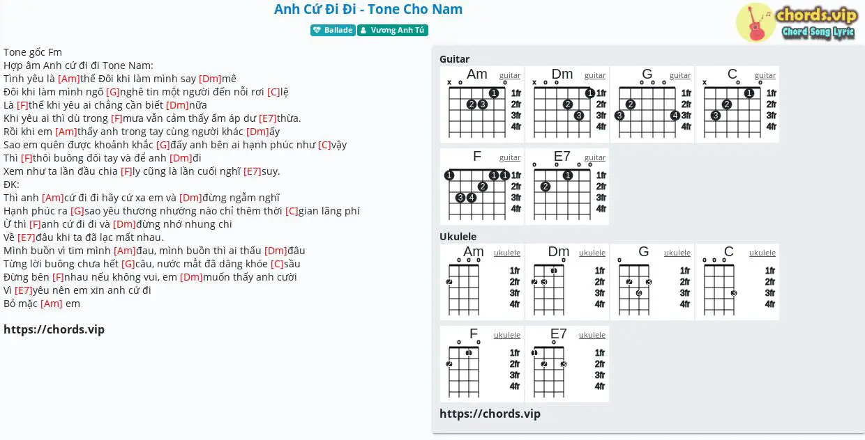 Chord/Tab song: Anh Cứ Đi Đi - Tone Cho Nam - Vương Anh Tú