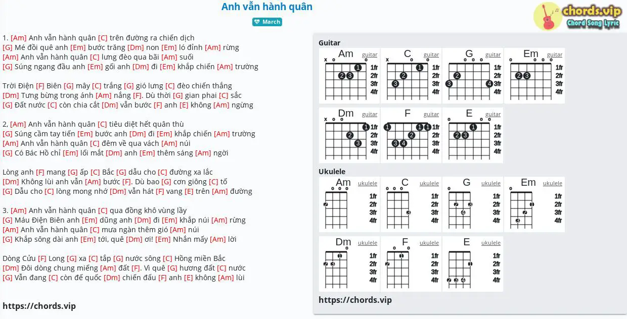 Hợp âm: Anh vẫn hành quân - Huy Du,Trần Hữu Thung - cảm âm, tab guitar, ukulele - lời bài hát | chords.vip