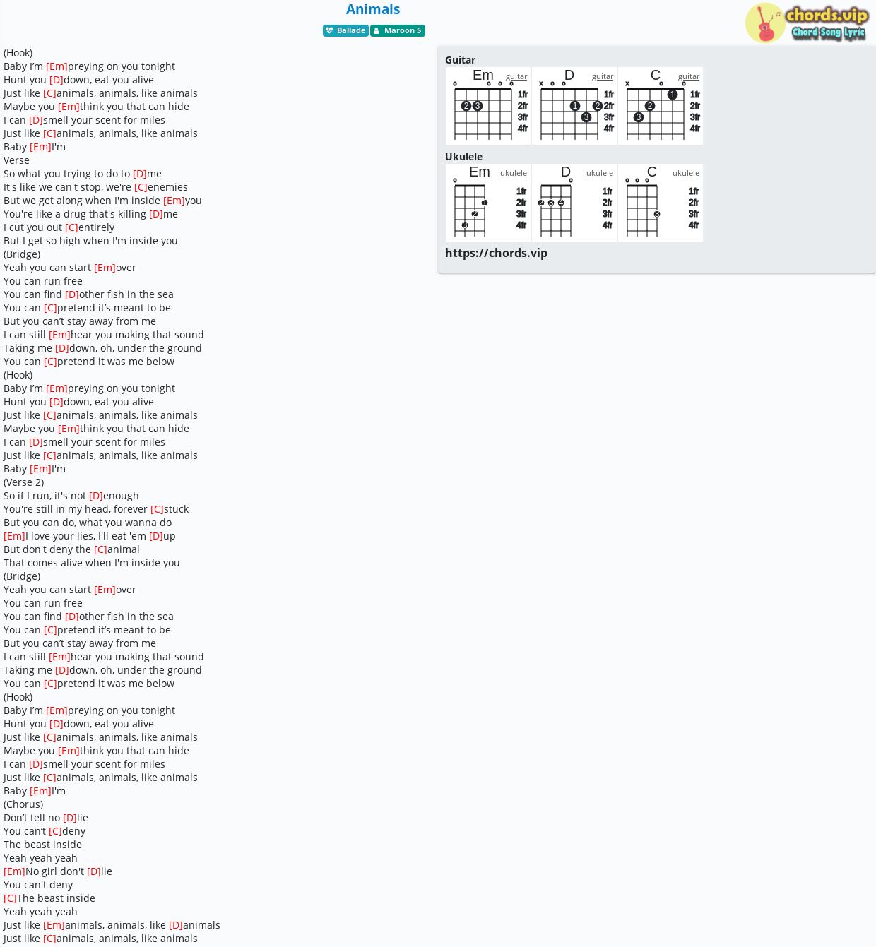 Animals Maroon 5 Guitar Chords