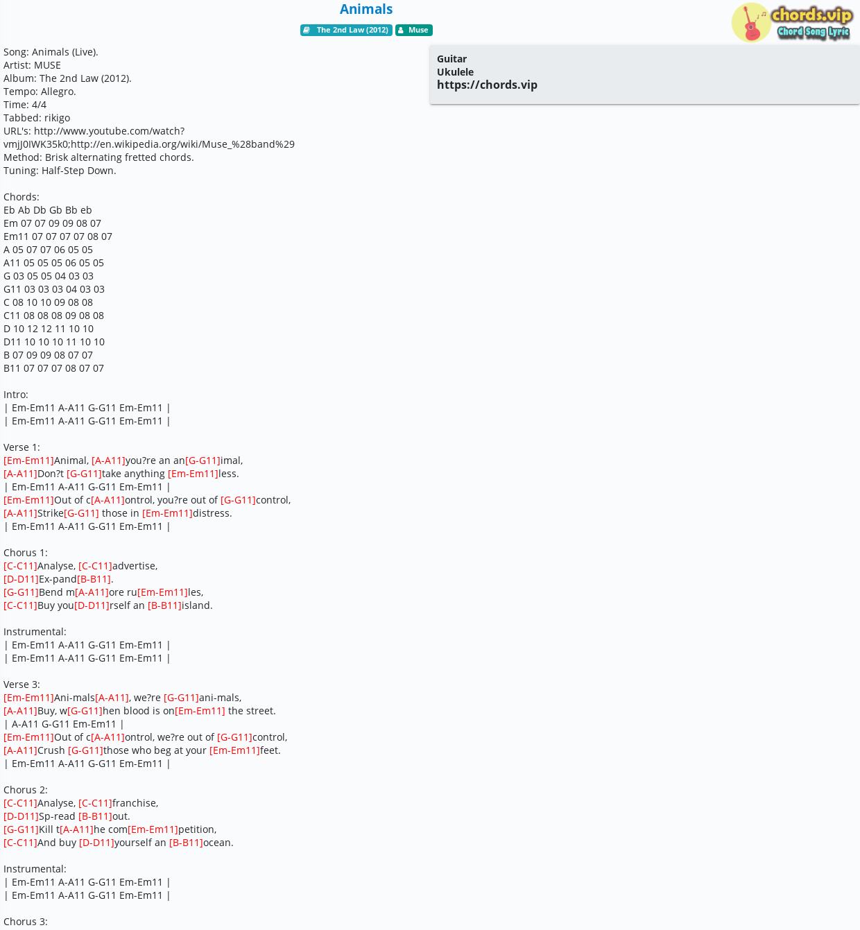 Chord: Animals - Muse - tab, song lyric, sheet, guitar, ukulele