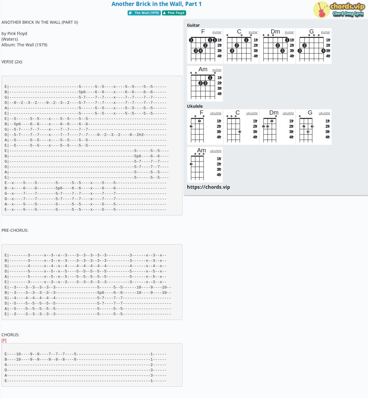 Chord Another Brick In The Wall Part 1 Pink Floyd Tab Song Lyric Sheet Guitar Ukulele Chords Vip