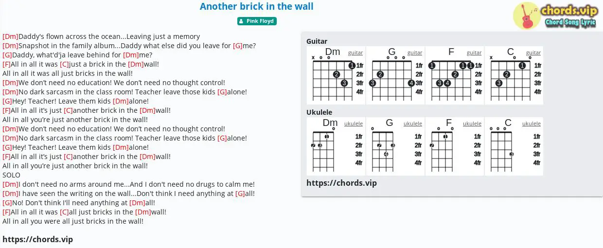 Chord Another Brick In The Wall Pink Floyd Tab Song Lyric Sheet Guitar Ukulele Chords Vip