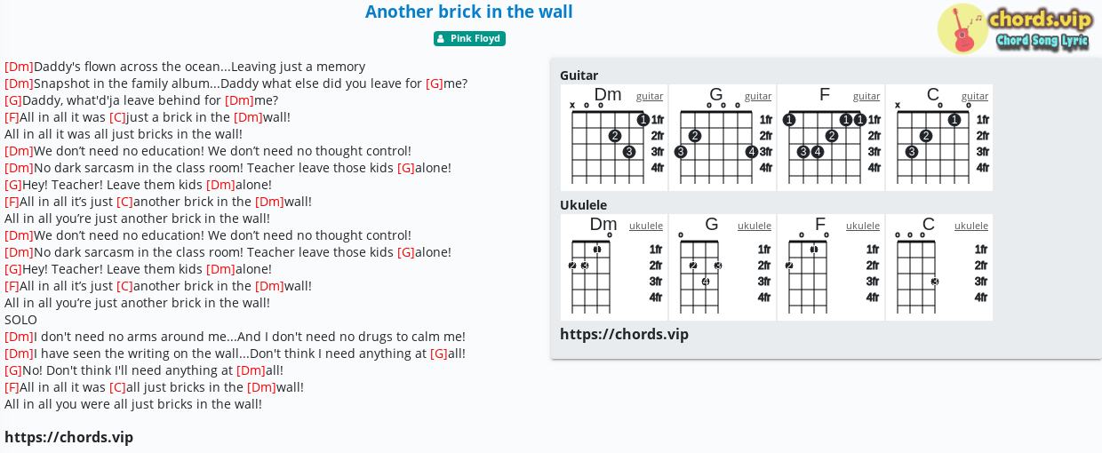 Chord Another Brick In The Wall Pink Floyd Tab Song Lyric Sheet Guitar Ukulele Chords Vip