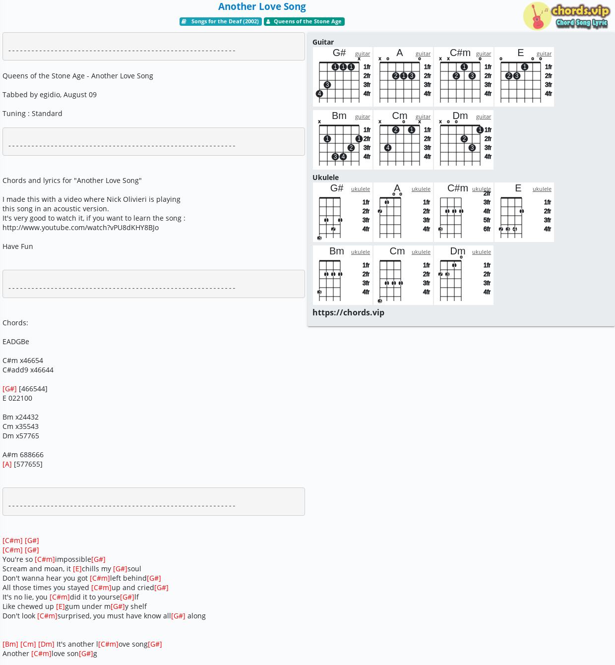 Har lært charme billedtekst Chord: Another Love Song - Queens of the Stone Age - tab, song lyric,  sheet, guitar, ukulele | chords.vip