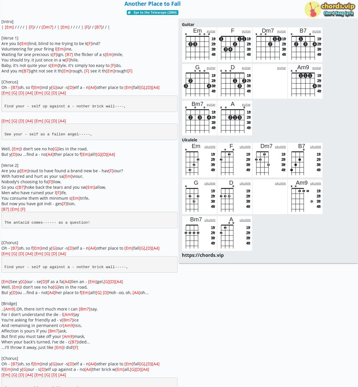 Chord Another Place To Fall Kt Tunstall Kt Tunstall Tab Song Lyric Sheet Guitar Ukulele Chords Vip