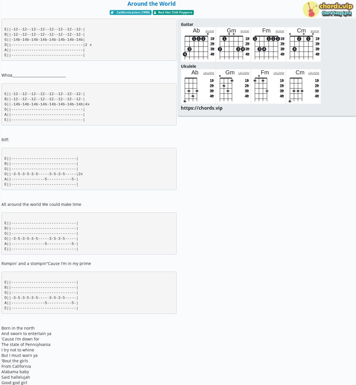 Chord Around The World Red Hot Chili Peppers Tab Song Lyric Sheet Guitar Ukulele Chords Vip