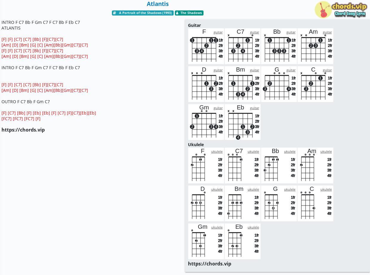 Hợp âm Atlantis cảm âm, tab guitar, ukulele lời bài hát chords.vip