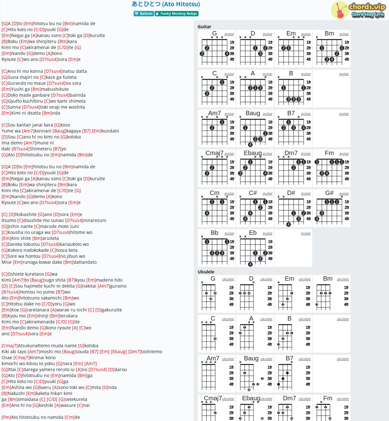 Chord あとひとつ Ato Hitotsu Funky Monkey Babys Tab Song Lyric Sheet Guitar Ukulele Chords Vip