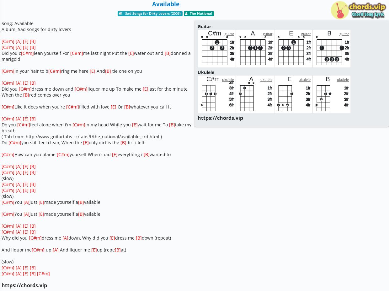 Chord: Available - The National - tab, song lyric, sheet, guitar