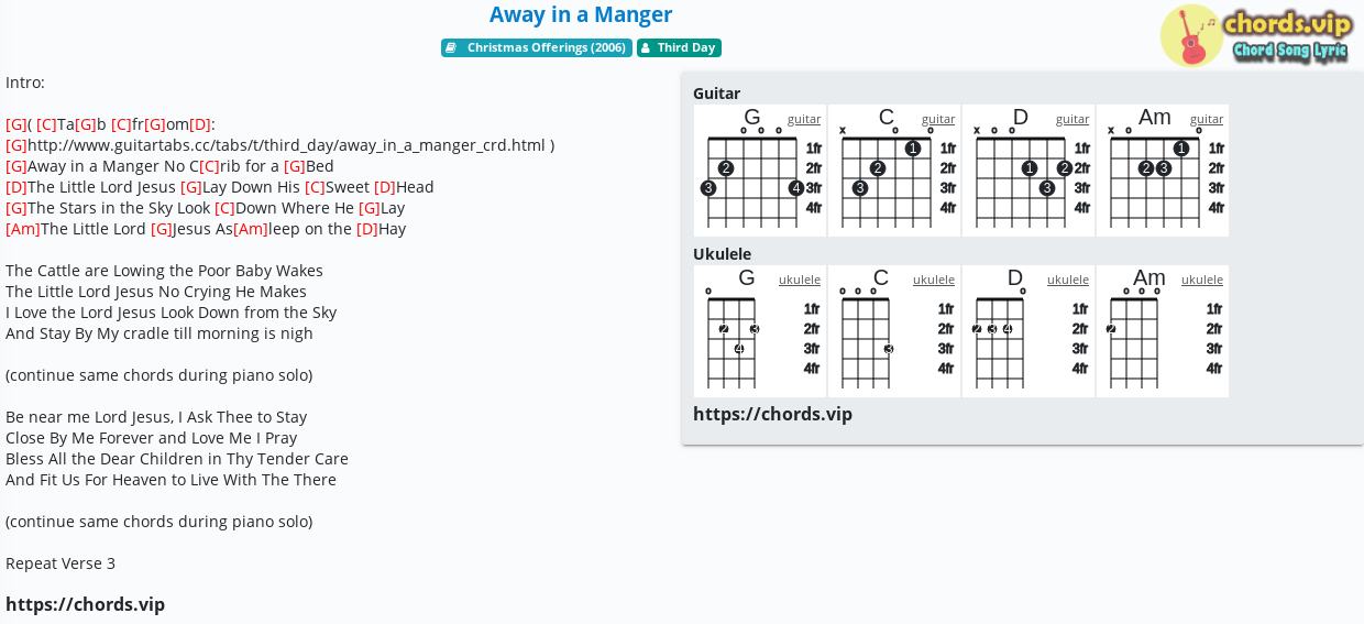 Away in a Manger - Third Day song lyric, sheet, guitar, ukulele chords.vip