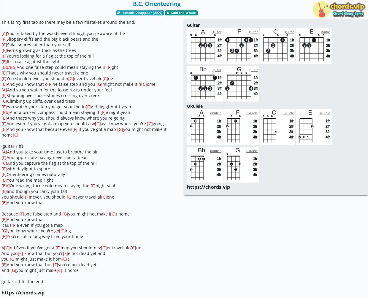 Chord B C Orienteering Said The Whale Tab Song Lyric Sheet Guitar Ukulele Chords Vip