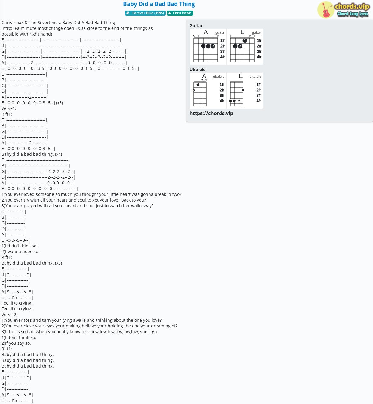 Chord: Baby Did Bad Bad - Chris Isaak - tab, song lyric, sheet, ukulele |