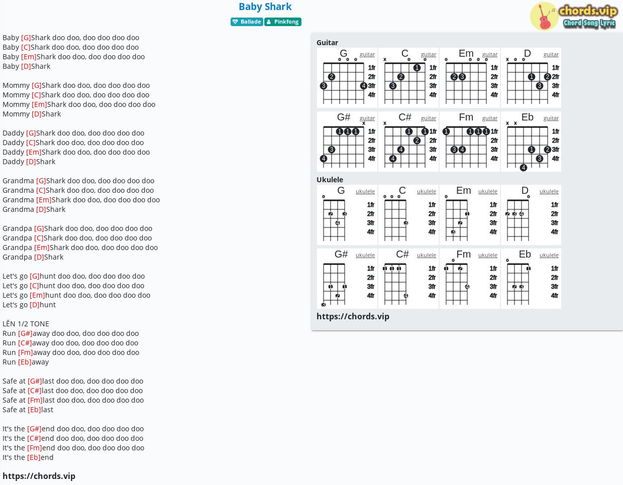 Chord: Baby Shark - Pinkfong - tab, song lyric, sheet, guitar, ukulele