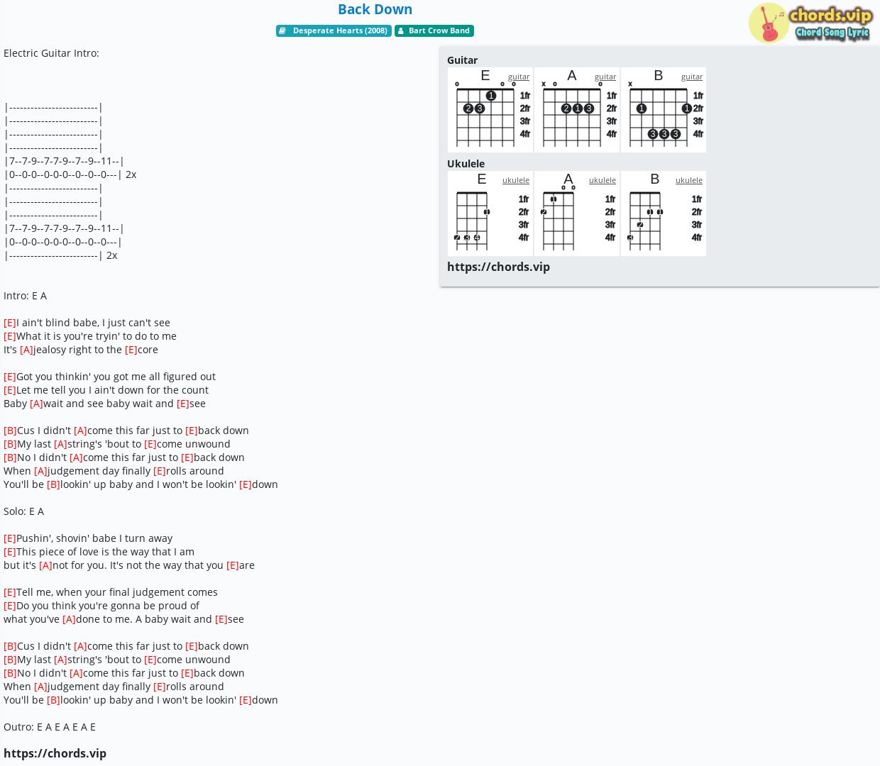 Chord Back Down Bart Crow Band Tab Song Lyric Sheet Guitar Ukulele Chords Vip