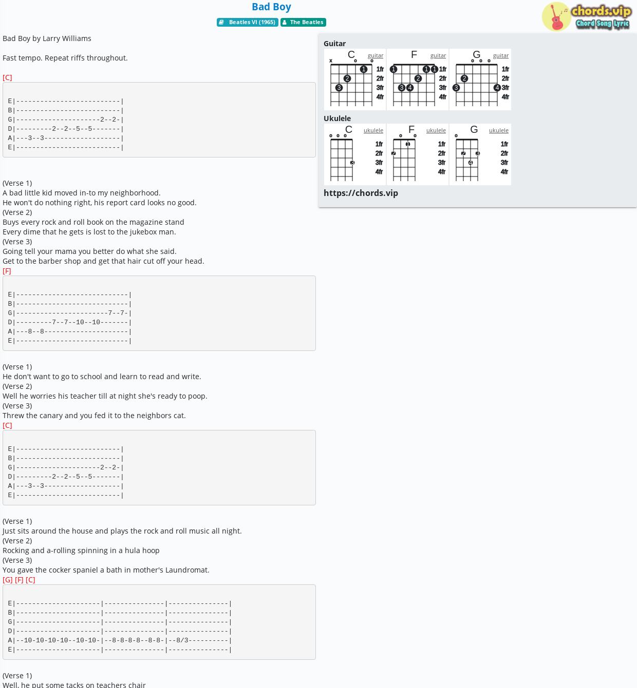 Chord: Bad Boy The Beatles - tab, lyric, sheet, guitar, ukulele |