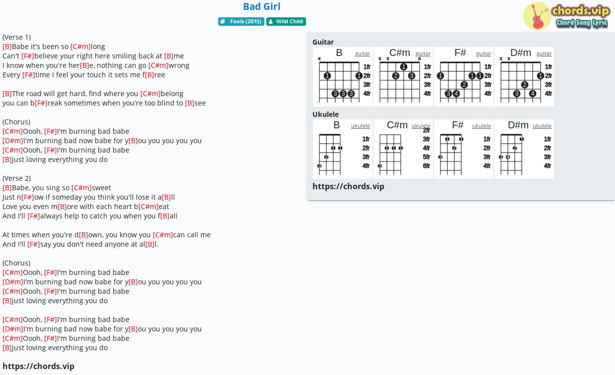Chord Bad Girl Wild Child Tab Song Lyric Sheet Guitar Ukulele Chords Vip