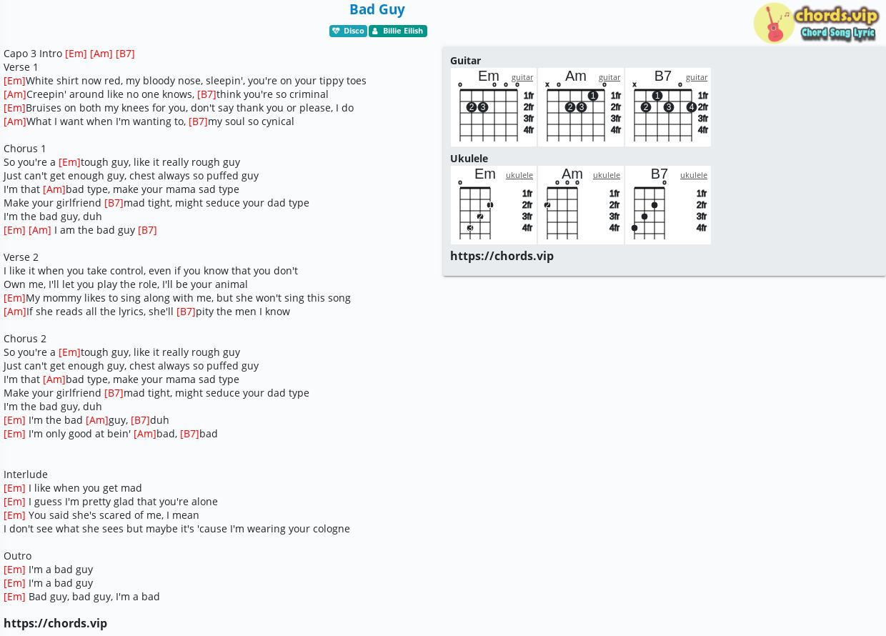 Chord Bad Guy Billie Eilish Tab Song Lyric Sheet Guitar Ukulele Chords Vip