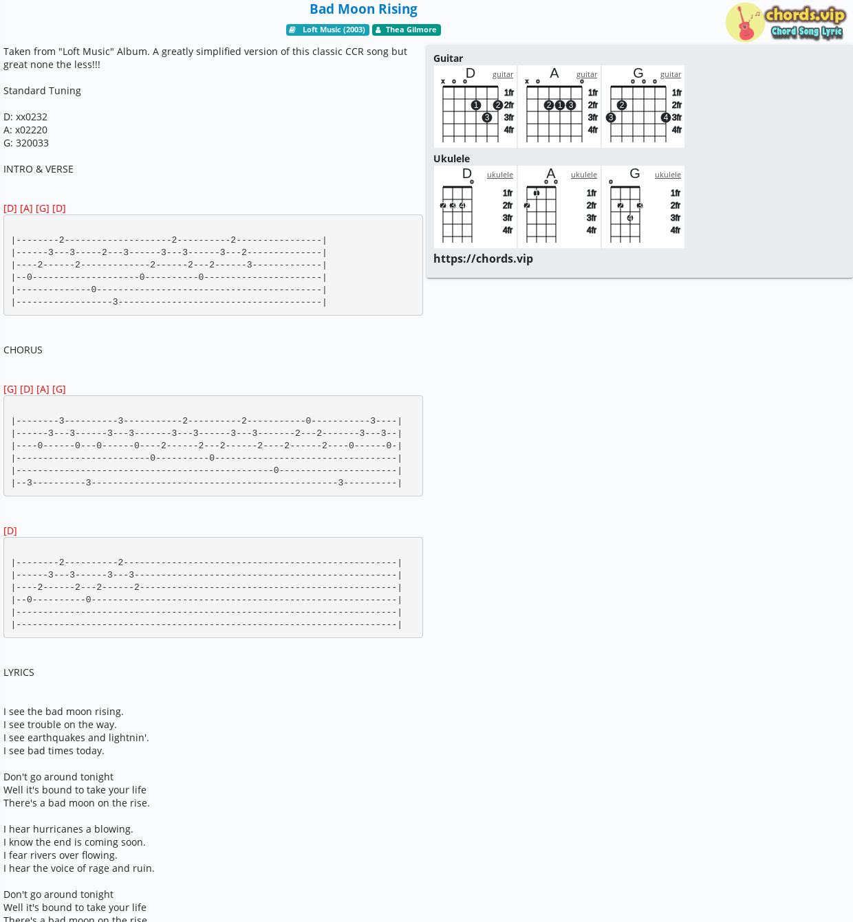 Bad Moon Rising - Thea Gilmore - tab, song sheet, guitar, ukulele | chords.vip