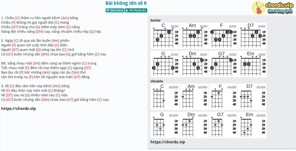 Hợp âm: Bài không tên số 8 - Vũ Thành An - cảm âm, tab guitar, ukulele - lời bài hát | chords.vip