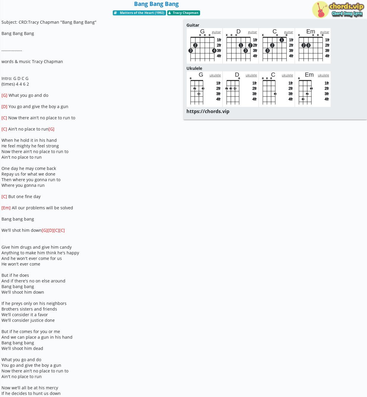 Chord Bang Bang Bang Tracy Chapman tab, song lyric, sheet, guitar, ukulele chords.vip