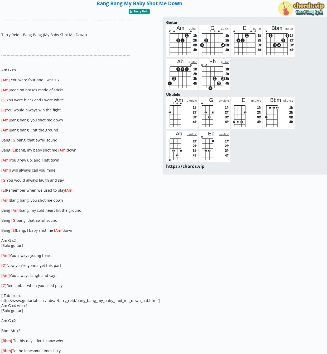 Chord Bang Bang My Baby Shot Me Down tab, song lyric, sheet, guitar, ukulele chords.vip