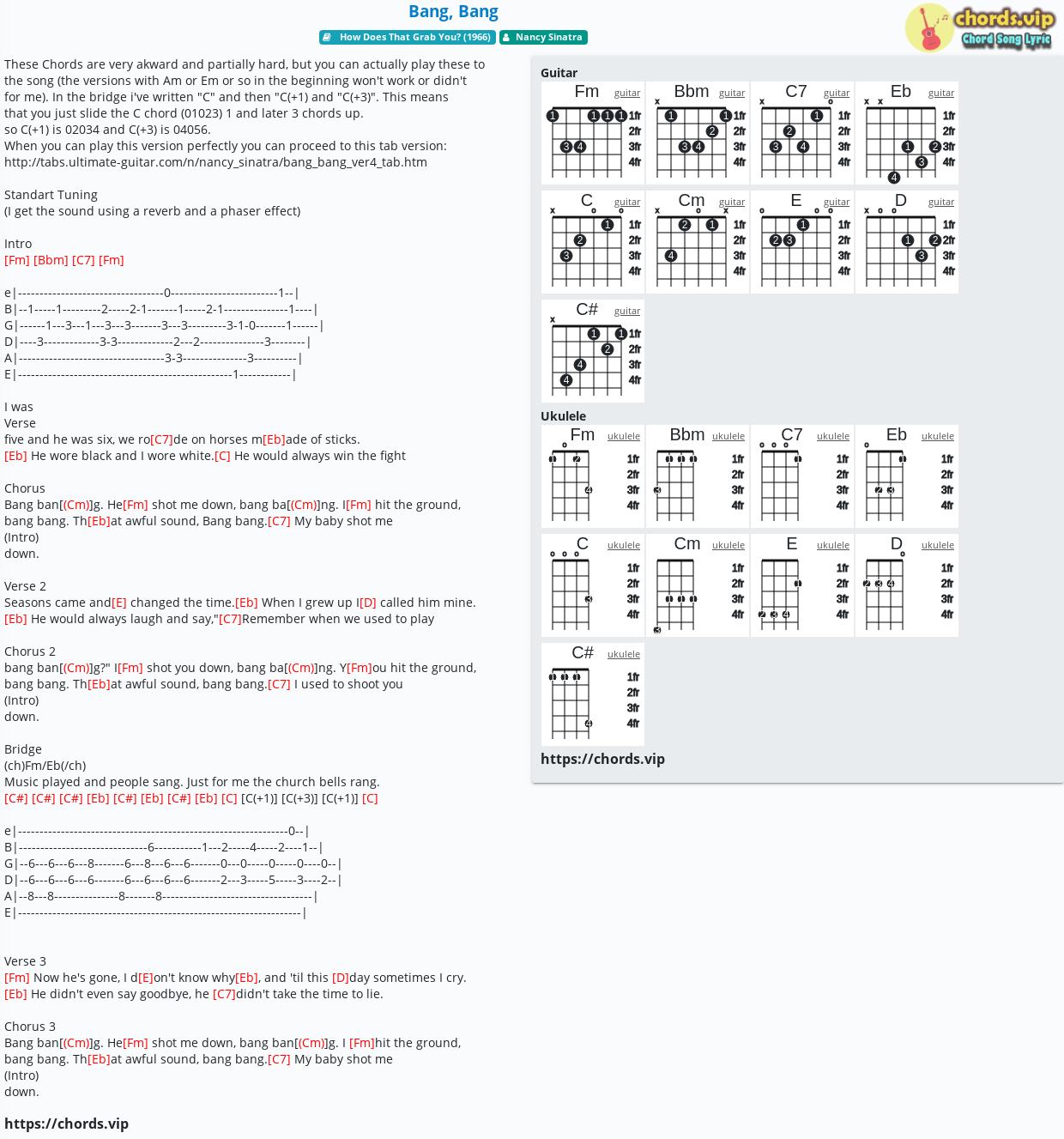 Chord Bang Bang Nancy Sinatra Tab Song Lyric Sheet Guitar Ukulele Chords Vip